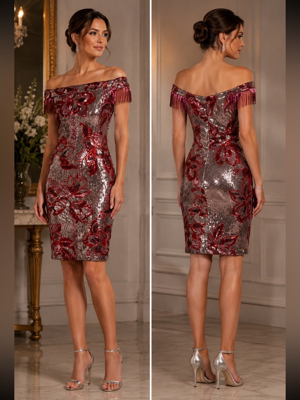 Aidan by Aidan Mattox sequins off the shoulderknee length dress